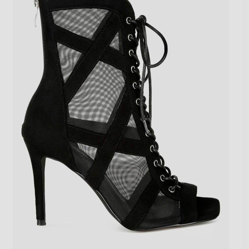 New in Box! Elegant Black Mesh Lace-Up Ankle Boots